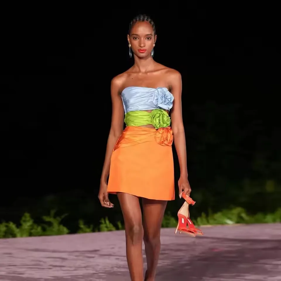 Trendy Strapless Tricolor Mini Length Cutout Party Dress Short Woman Clothes With Flower Ever Pretty Cocktail Dresses Customized
