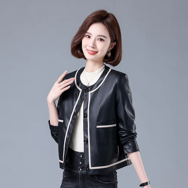 Women's Single Breasted Leather Jacket Spring Autumn Color Block Leather Coat Lady Short Slim Fit O Neck Outwear Top Oversize