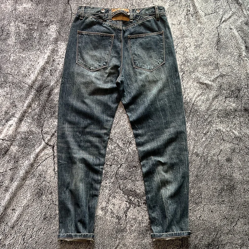 

Винтажные мужские джинсы из плотного хлопка синего цвета с эффектом потертости, прямого кроя, с пуговицами в парижском стиле, повседневные брюки в американском ретро-стиле