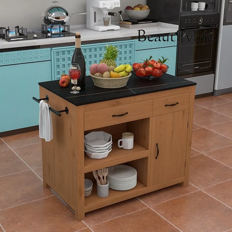 Open kitchen island table solid wood side cabinet household storage meal preparation movable cooking table