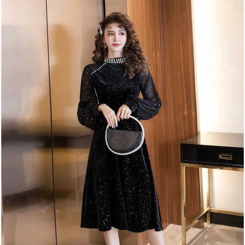 Shine Evening Dress for Women Autumn Full Sleeve Puff Sleeve Ball Gown Banquet Party Elegant Prom Gown Female Maxi Pearls O Neck