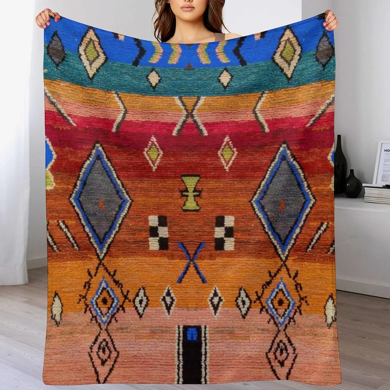 Heritage Traditional Multicolour Moroccan Rug Design Throw Blanket Warm Flannel Blanket for Couch Chair Bedroom