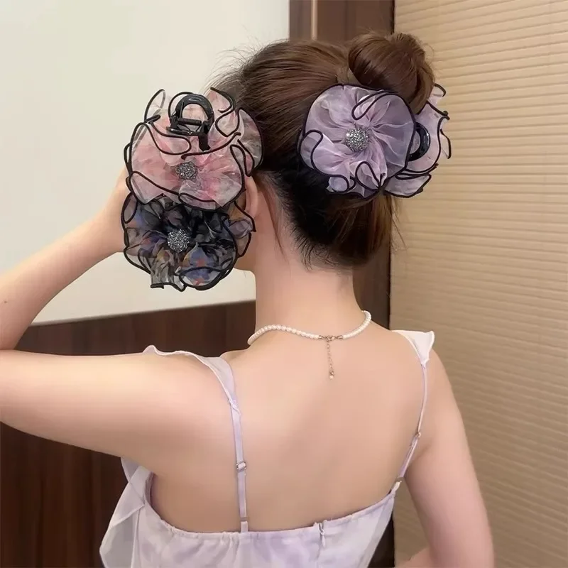 

Chiffon Ruffle Flower Hair Claw Women Girls Sweet Temperament High Ponytail Clip Korean Simple Fashion Hair Clamp Accessories