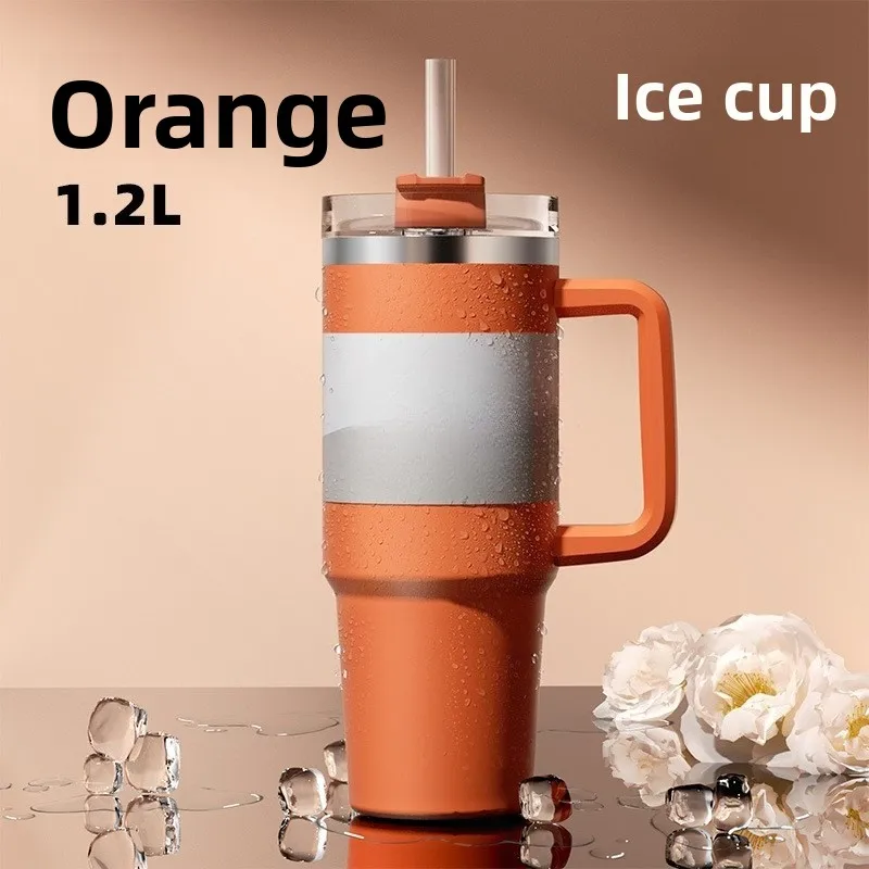 1200ML Metal Vacuum Insulated Cup Stainless Steel Portable Water Cup Refrigerated Vacuum Insulated Straw Leak-proof Lid