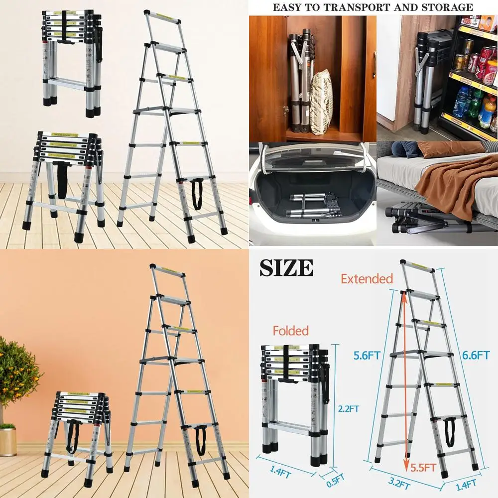 

Aluminum Telescoping Ladder 5.5 Feet Heavy Duty Collapsible with Handrails and Safety Lock Extension Ladder for Multiple Uses