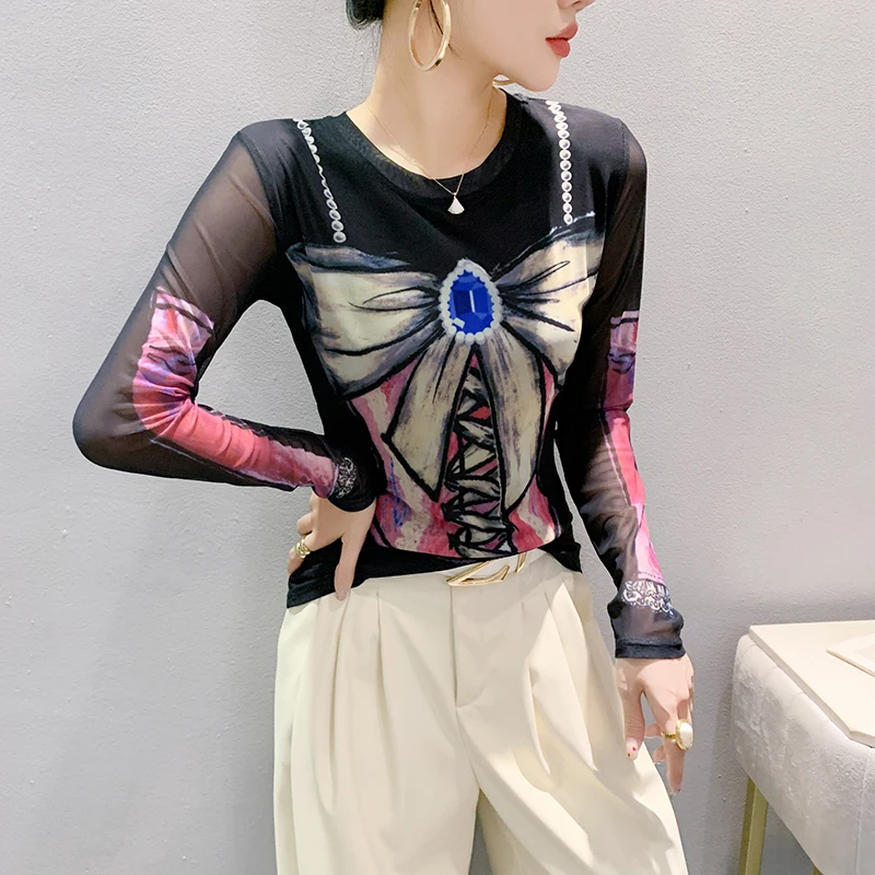 유럽 스타일 롱 슬리브 라운드 넥 티셔츠 여성 프린트 슬림핏 베이스 티셔츠 스트리트 스타일 가을 신상