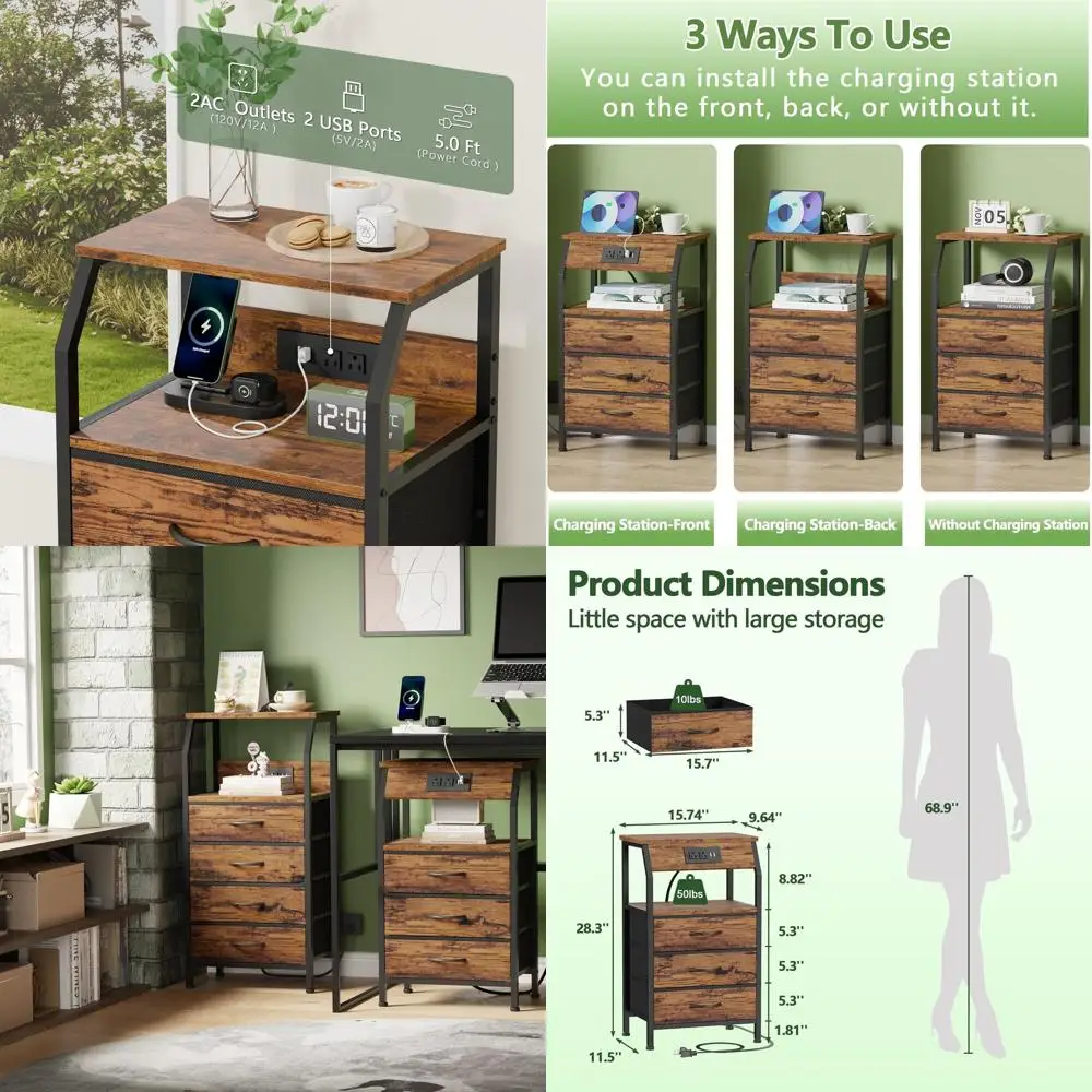 

Прикроватная тумбочка с зарядной станцией, USB-портами и розетками, прикроватная тумбочка высотой 28,3 дюйма с деревянной полкой, 3 тканевых ящика сбоку Ta