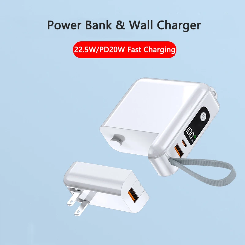 30000mAh Wall Charger Power Bank Dual USB PD20W Fast Charging for iPhone 15 14 Samsung Portable Powerbank Built in Cable AC Plug