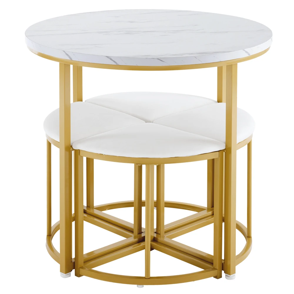 PINGGO Weißes Esstisch-Set mit 4 Samtstühlen, MDF-Tischplatte, vergoldeter Eisenrahmen, moderne Luxusmöbel für die Küche – Detail 9