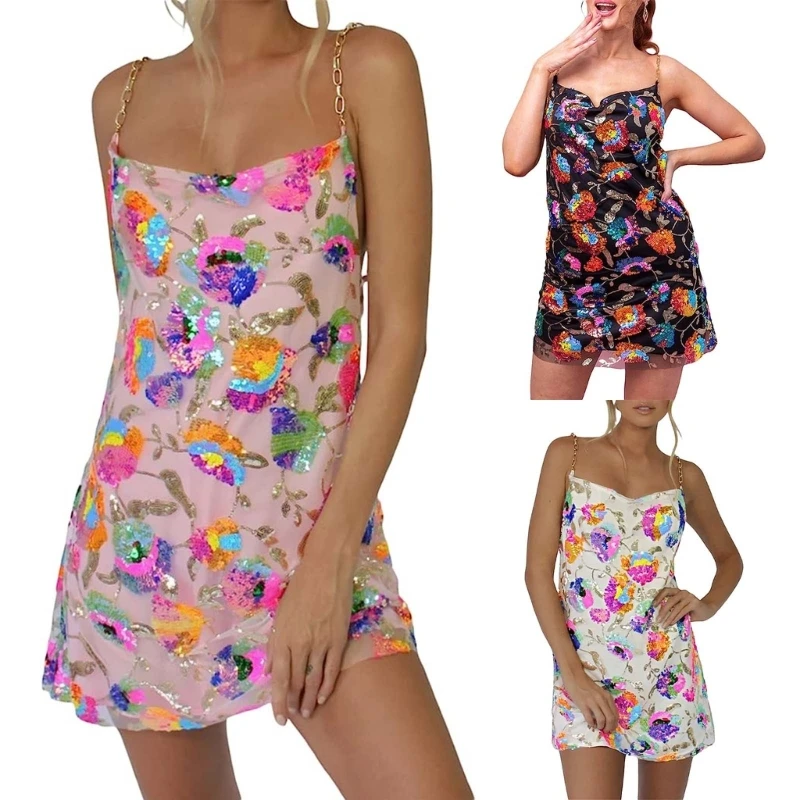 

50JB Dresses for Womens Square Neck Party Sequins Dress Streetwear