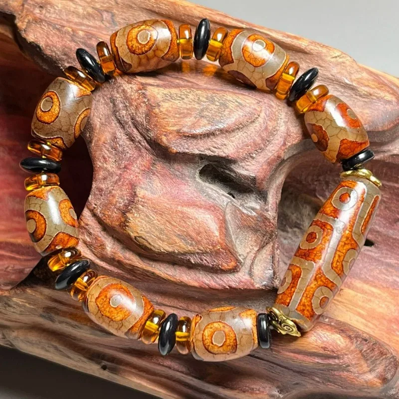 Natural Tibetan Dzi Bead Bracelet, Three Eyes Nine Eyes Agate Chalcedony Prayer Beads, Retro Ethnic Unisex Jewelry