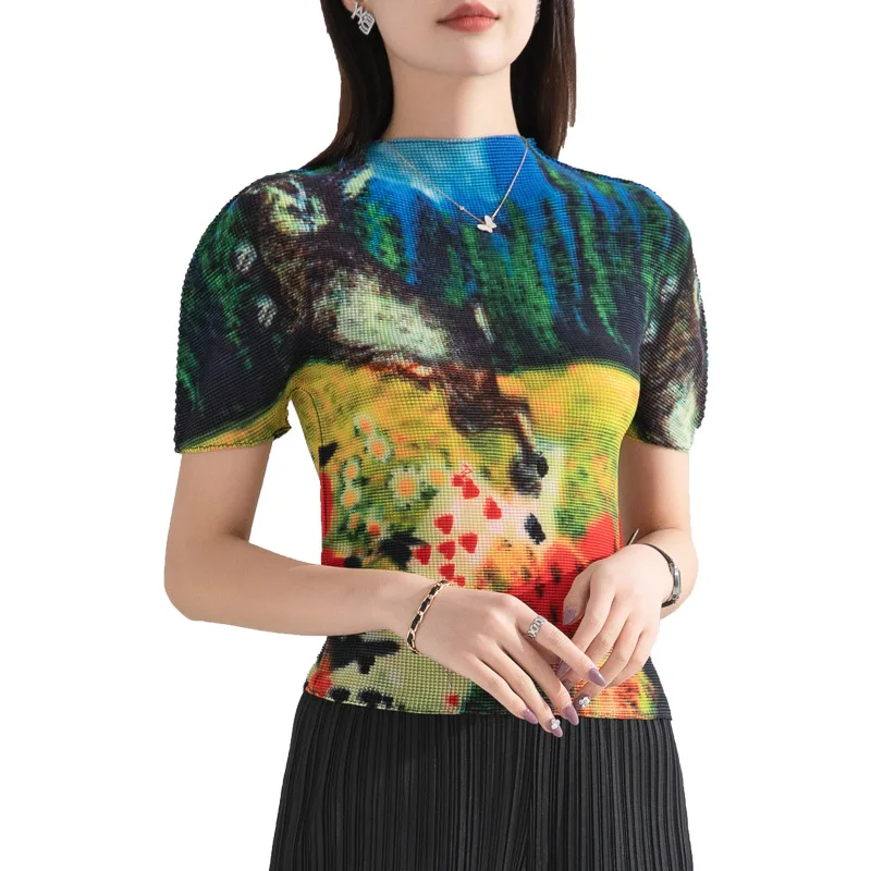 

Miyake Style Printed Half Turtleneck Short-Sleeved Tops Women2023 Summer Fashion Slim Fit Corn Pleated Bottoming t-shirts women