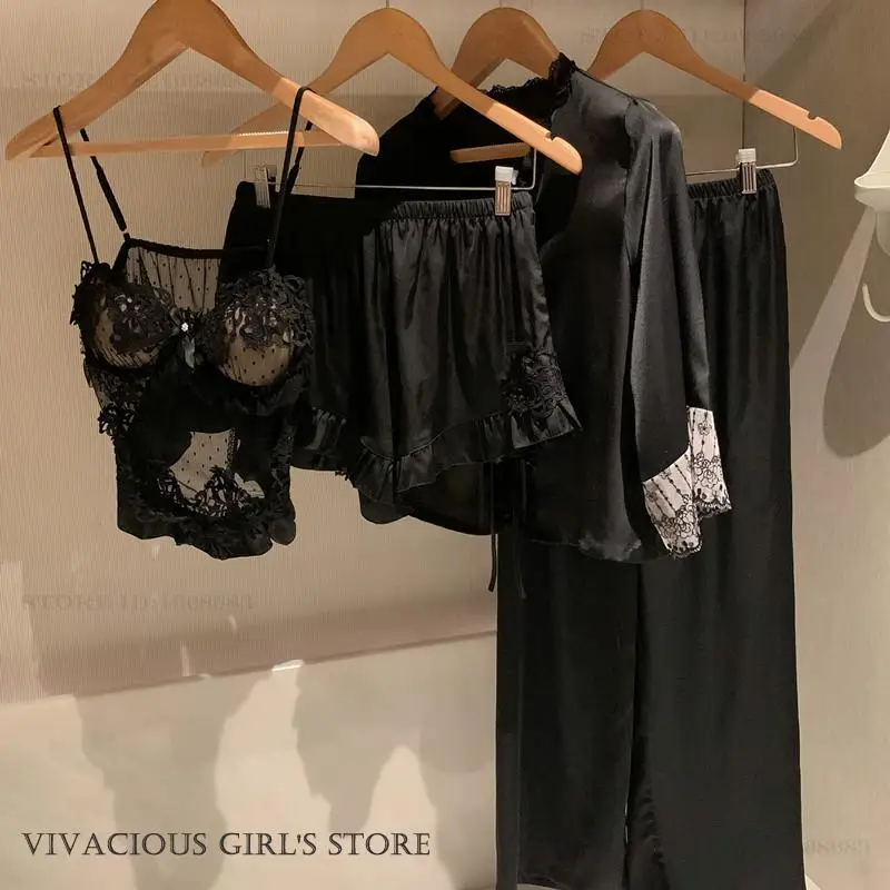 

Pajamas Four Piece Suit Lingerie Sexy Perspective Lace Cami Trouser Suits Loungewear Spring Summer Female Sleepwear Home Clothes