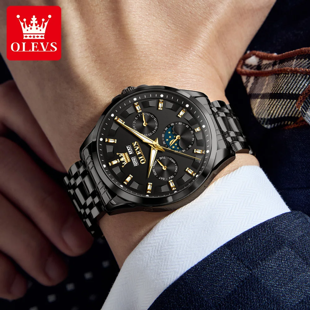 Olevs 7070 relógio automático masculino fase da lua à prova dwaterproof água relógios masculinos de aço inoxidável relógio mecânico de luxo para homem