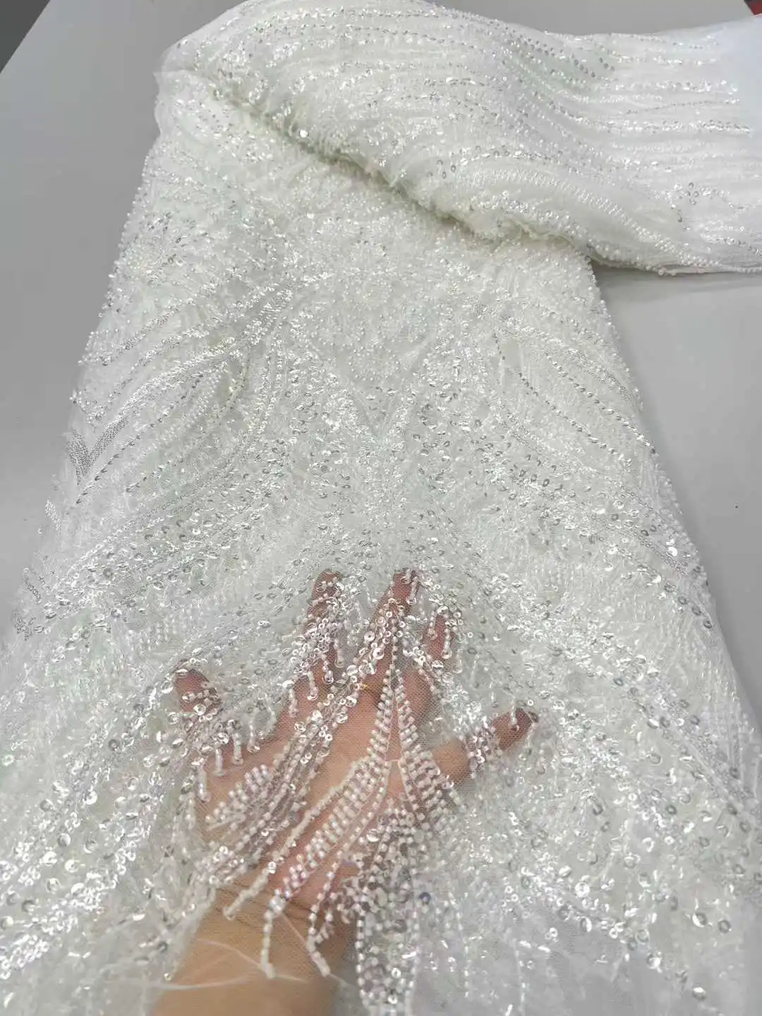 

French Sequined Lace Fabrics 2025 High Quality Beaded Lace Nigerian Groom Embroidered Dress Material For Party Sewing