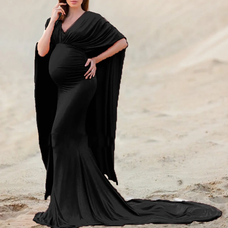 Women\'s Off Shoulder Elegant Fitted Maternity Gown Chiffon Flare Cape Sleeve Slim Fit Maxi Photography Dress for Baby Shower