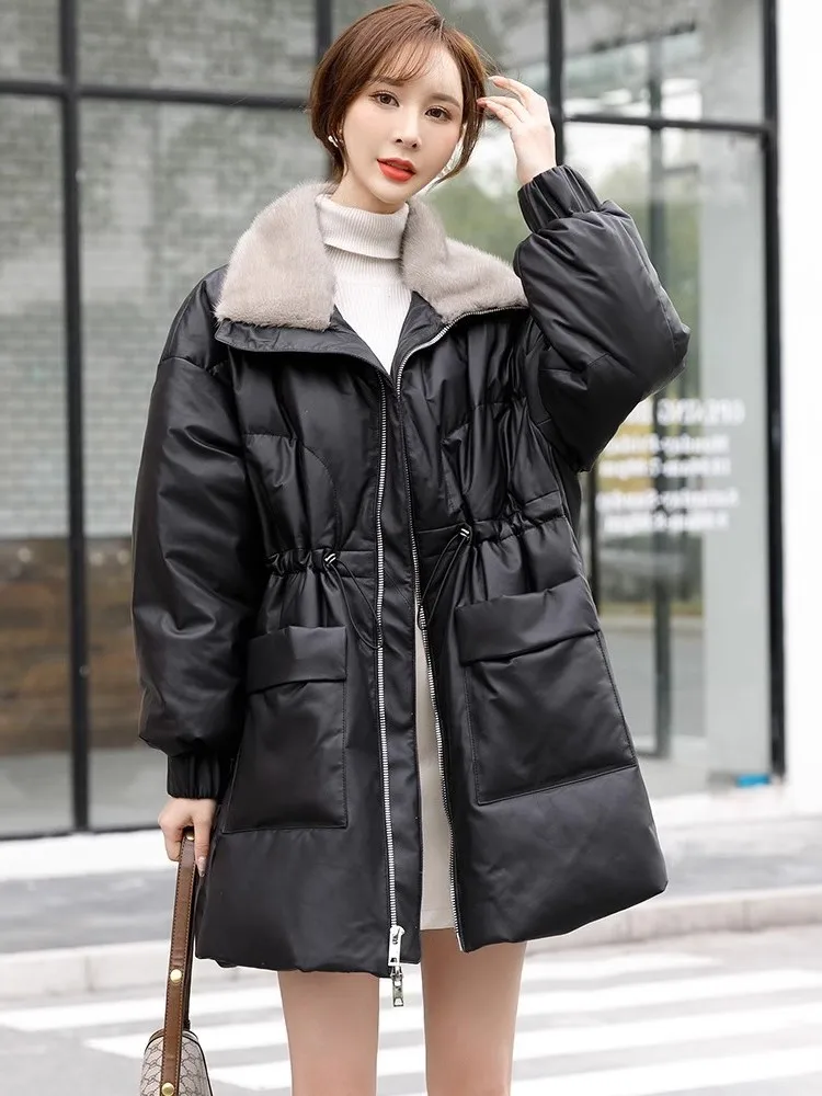 

Leather jacket 2023,Women Winter Genuine Leather Down Coat Fashion Fur Collar Middle Long Sheepskin Coat Loose Fit High Street C
