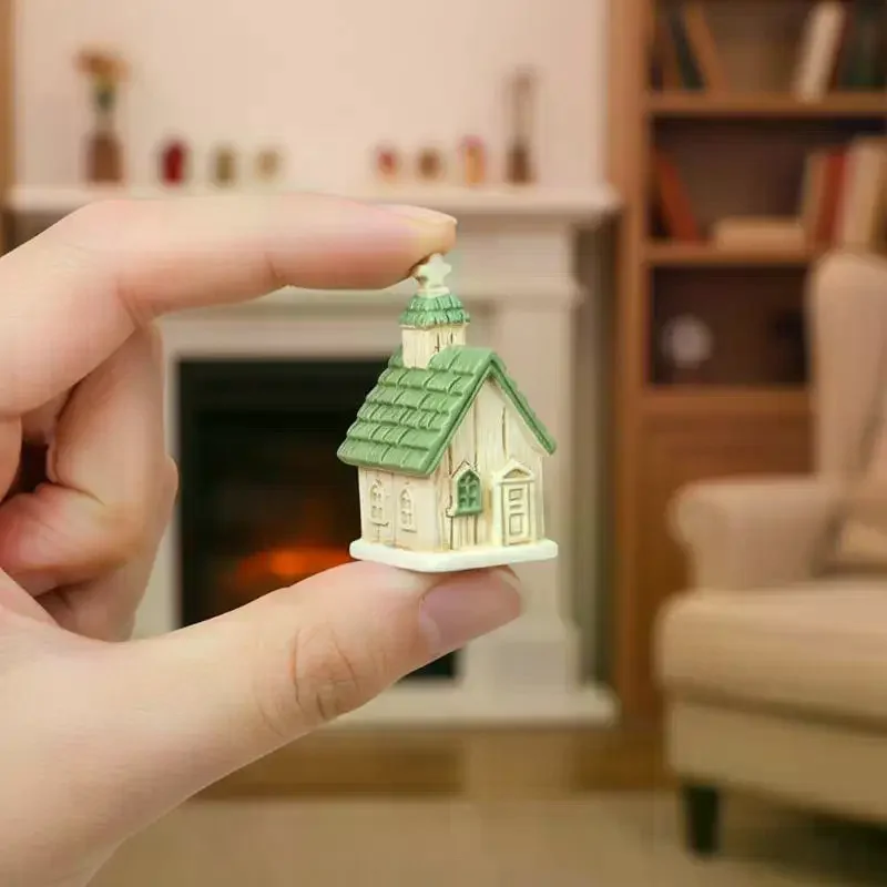 Green Red Roof Resin Christmas Village House Model Mini Church Figurine for Kids Xmas Gift Decor