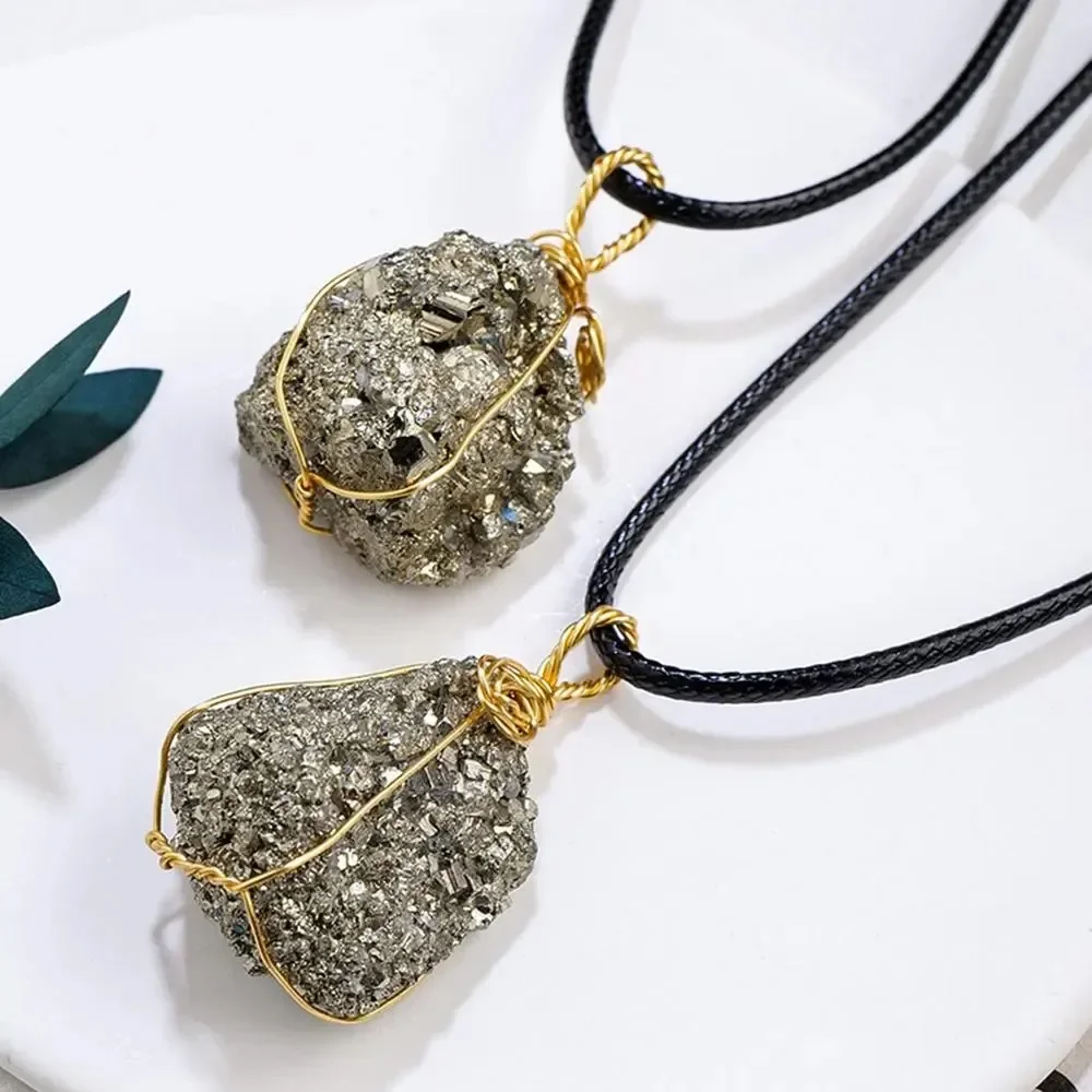 Necklace Raw Pyrite Stone Mineral Crystal Teaching Specimens Natural Crystal Stone Wire Wrapped Raw Stone Pendant Gifts