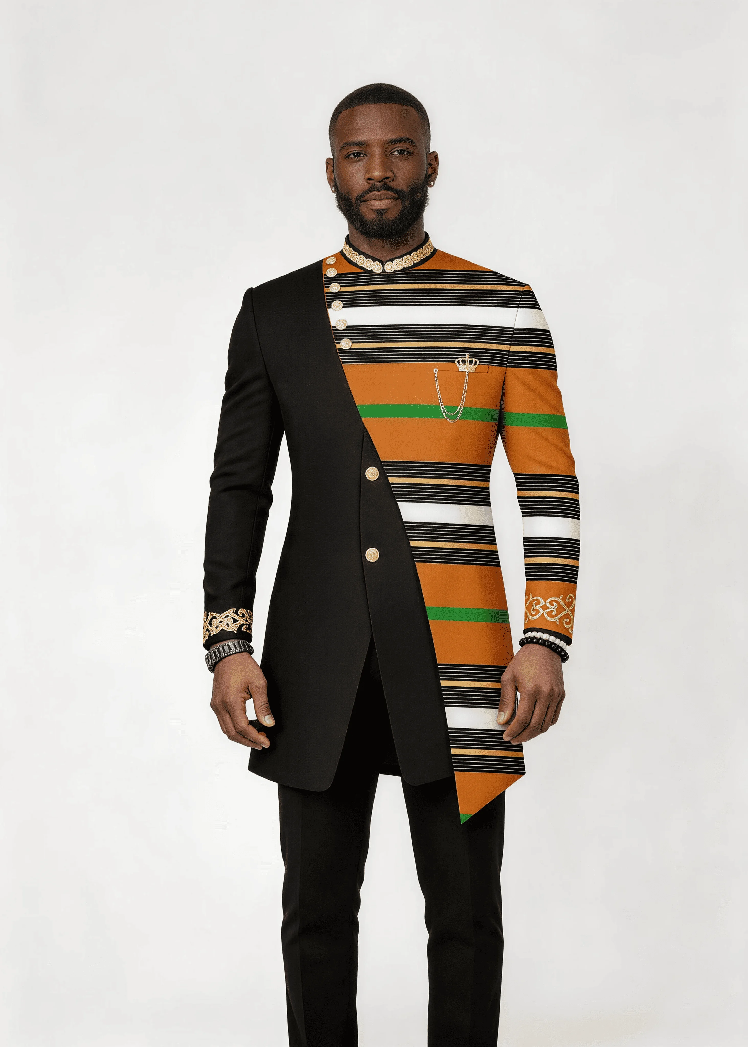 

Men’s Black Solid & Kente Colorful Stripe Patchwork Formal Wear Set Stand Collar 2 Piece Wedding Groom Tunic Jacket & Pants Prom
