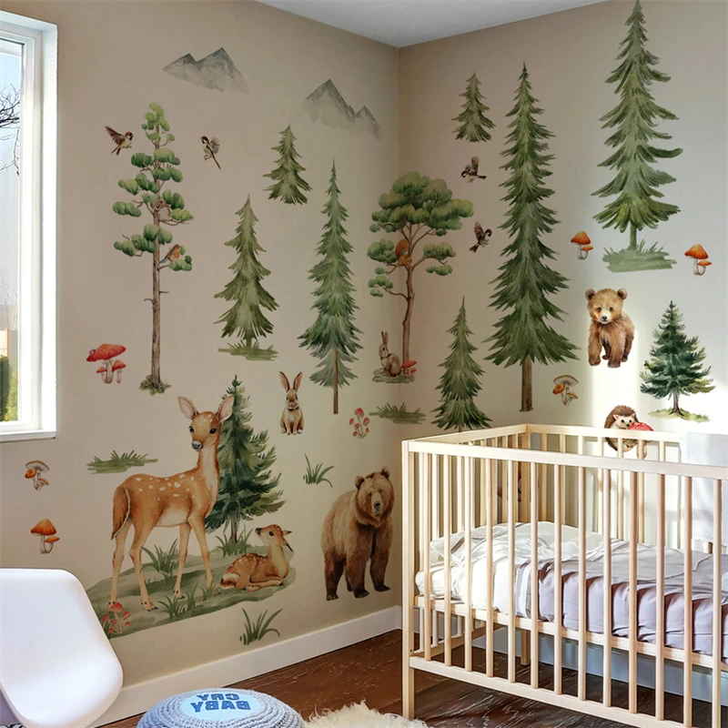 ملصقات حائط على شكل شجرة صنوبر سفاري كبيرة على شكل ثعلب غزال وولف، ملصقات حائط من الفينيل لتزيين غرفة نوم الأطفال #6