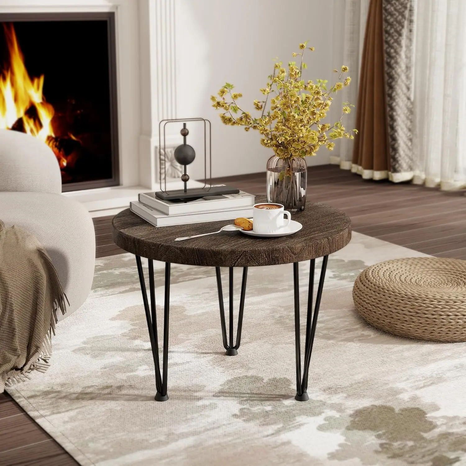 

20"x20"x16" Rustic Walnut Nesting Coffee Table Set - Elm Wood Round End Tables with Metal Legs & Non-Slip Feet