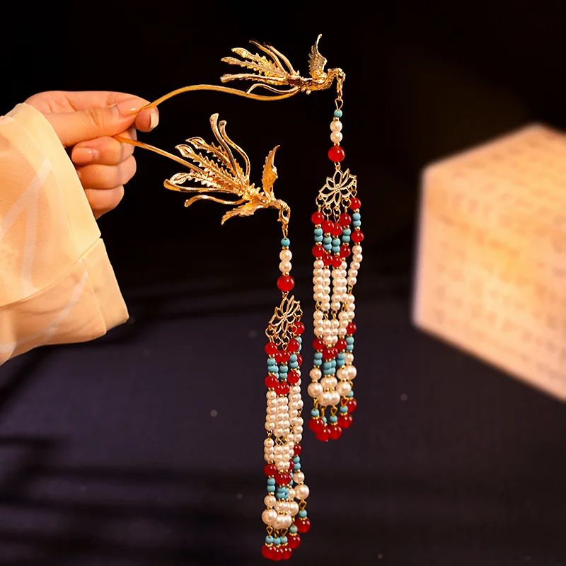 

Vintage Phoenix Tassel Step Shaking Hairpin Women Girl Hair Stick Wedding Show Costume Chinese Hanfu Cheongsam Hair Accessories
