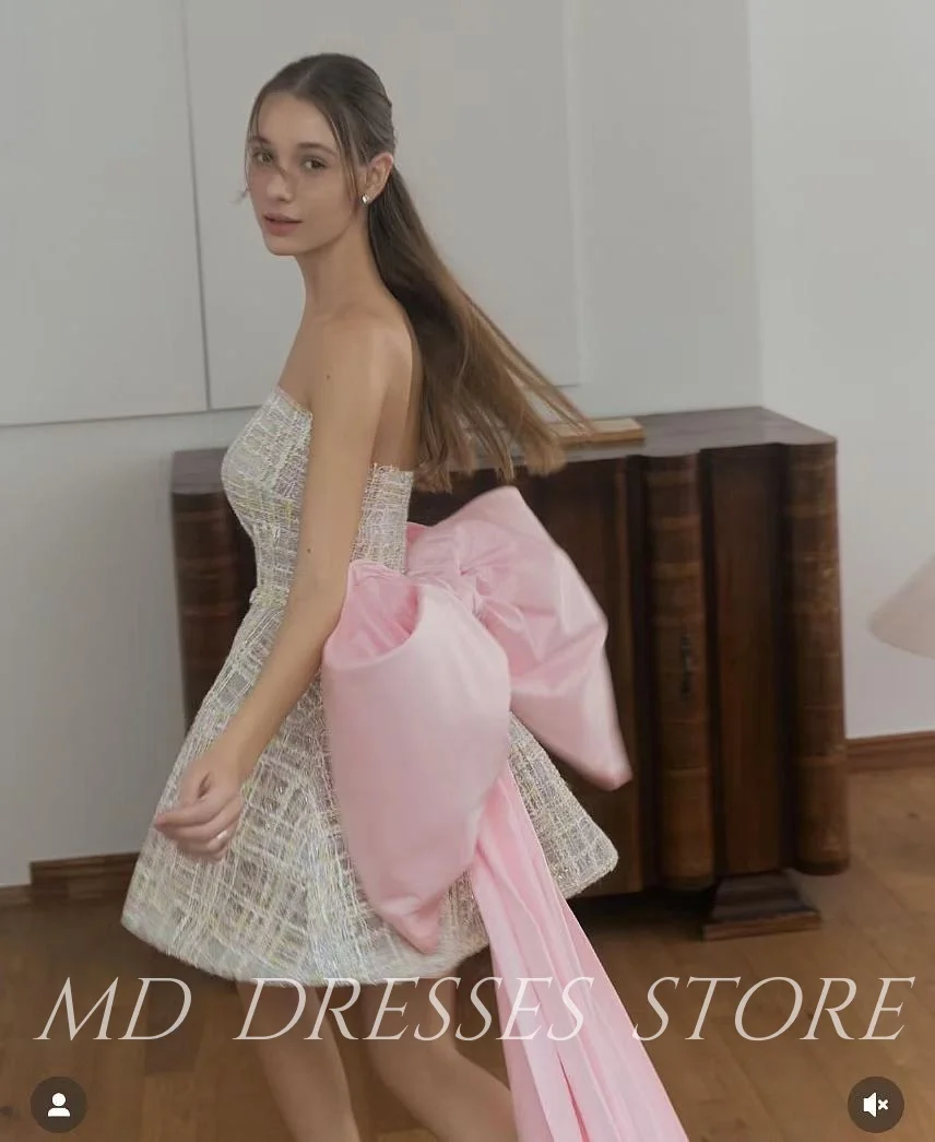 MD Fairy Abito da sera corto bianco a trapezio con grande fiocco rosa senza maniche mini-lunghezza sopra il ginocchio Abito da cocktail personalizzato