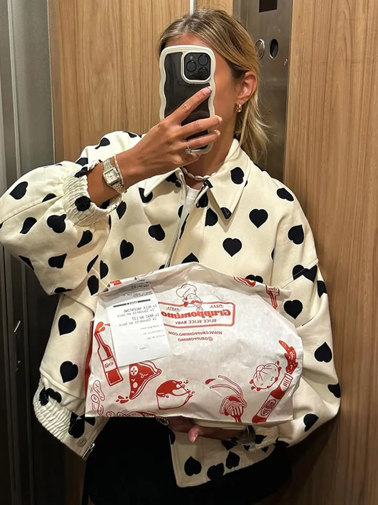 Осеннее женское короткое пальто в горошек, свободные модные уличные куртки, повседневная верхняя одежда с карманами на молнии, 2025 шикарные женские пальто с лацканами и воротником