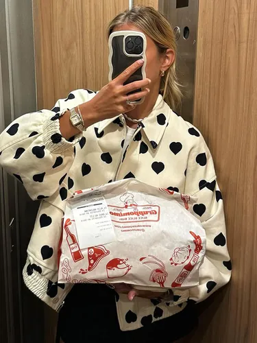 Abrigo corto de lunares para mujer, chaquetas de calle holgadas a la moda, prendas de vestir exteriores informales con bolsillos y cremallera, abrigos elegantes con cuello de solapa para mujer 2025