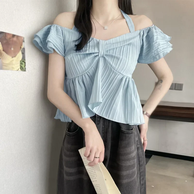 Blusa de manga corta con cuello Halter y lazo para mujer, Tops de verano, versión coreana