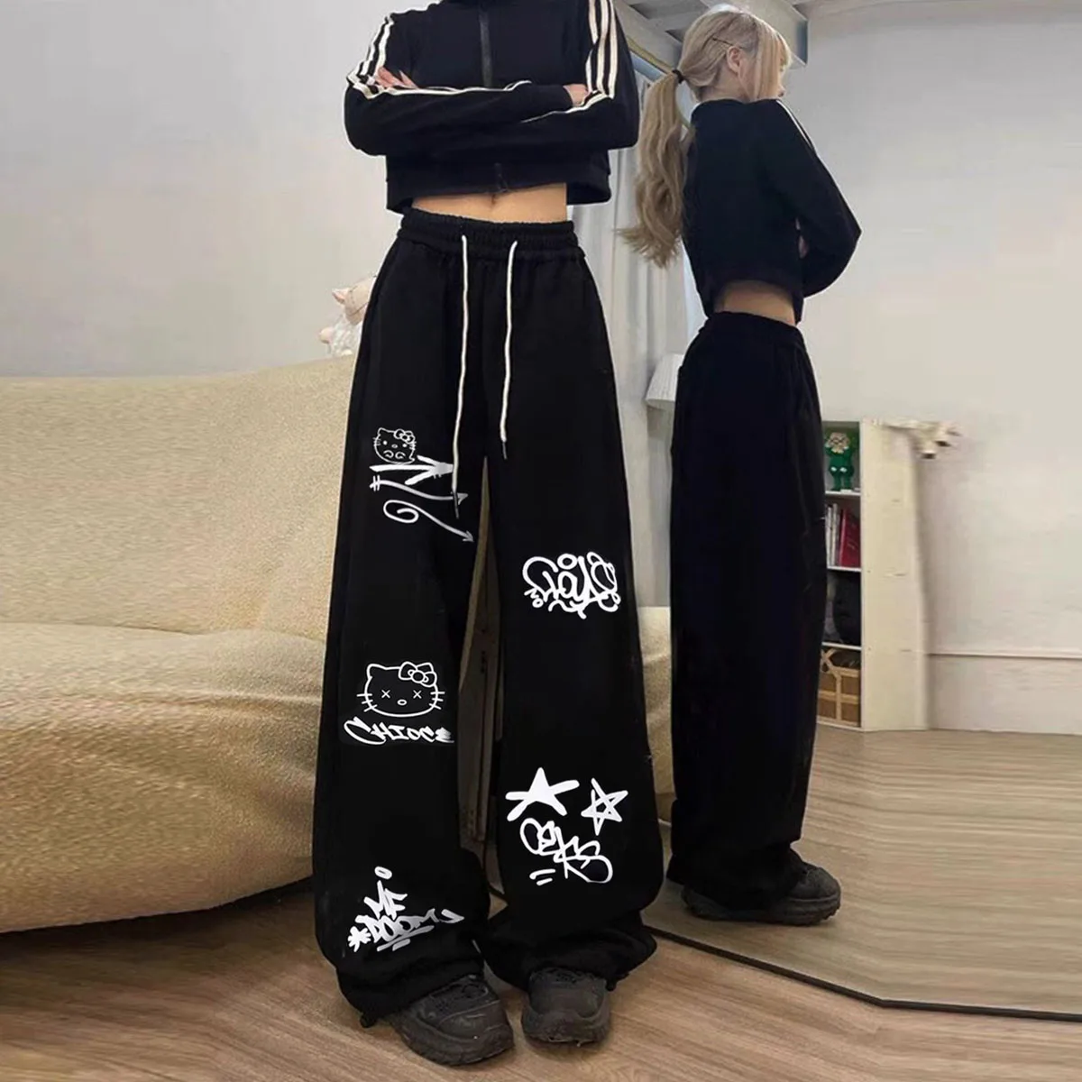 

Dopamine powder Tian Bucuo sweet and spicy T-shirt lazy topsweet and spicy high waist widesweet and spicy leg pants gentle style