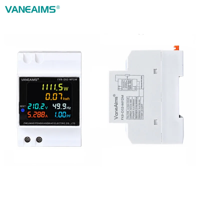 6IN1 AC Monitor Din Rail KWH Electric Energy Meter 110V 220V 100A Voltage Current Power Factor Frequency Active VOLT AMP