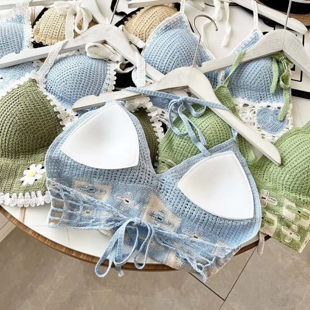 

Hawaiian Bohemian Women Swimwear Top National Style Knitted Summer Sling Hanging Neck Sexy Sleeveless Tank Top Beach Vacation