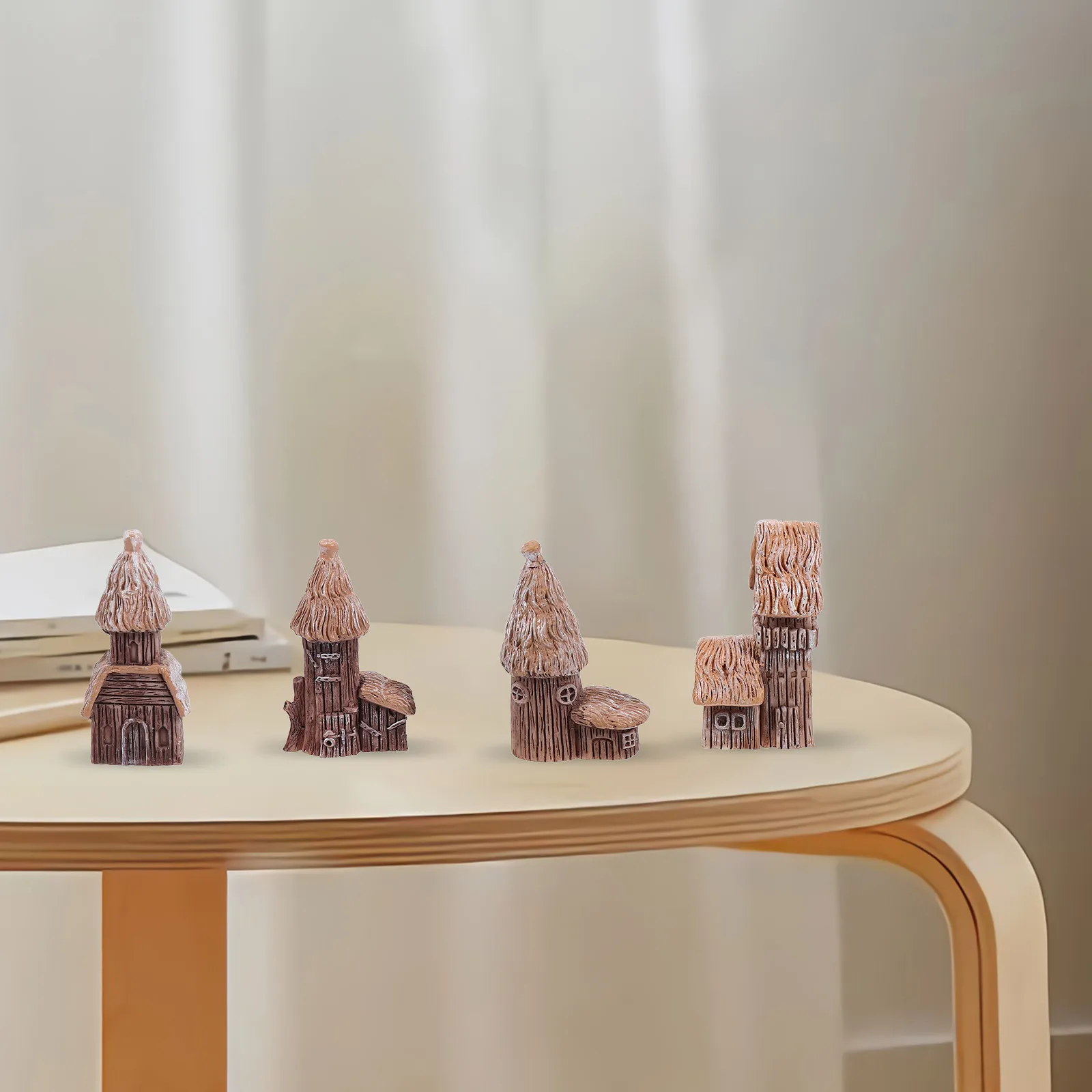 

4pcs Castle Background Decoration Vintage Tiny Houses Mini Fairy Garden Cottages Light Brown Resin Figurines Handmade Landscape