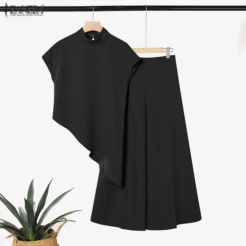 Stilvolle Sommer-Zweiteiler-Sets von ZANZEA für Damen: Oberteile mit Stehkragen, Kurzen Ärmeln und Unregelmäßigem Saum, Weite Hosen, Elegante Büro-Outfits – Detail 14