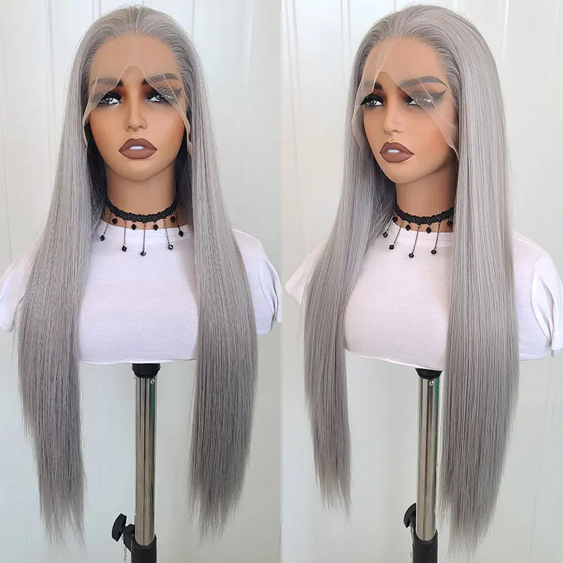 Silver Grey Silky Straight Synthetic Lace Front Wigs High Quality Heat Resistant Fiber Natural Hairline For Black Women Cosplay