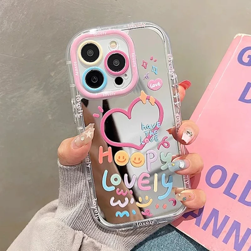 Capa de Telefone Colorida e Adorável com Espelho em Forma de Coração para iPhone 11 12 13 14 15 16 17 Pro Max 7 8 Plus X XS XR SE2, à Prova de Choque
