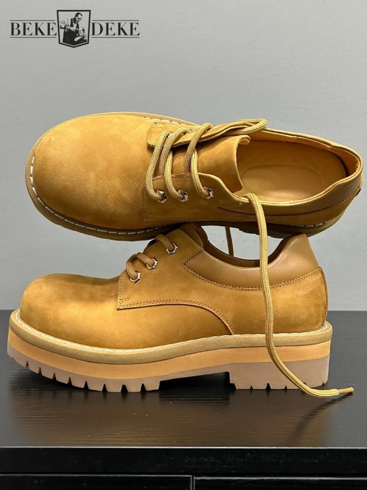 

Мужские модельные туфли ручной работы из воловьей кожи с круглым носком на платформе для отдыха на шнуровке, однотонные туфли дерби из натуральной кожи в стиле ретро
