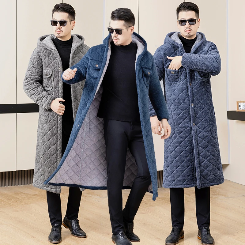 سترة قطنية رجالية للمنزل، معطف عمل مبطن بالفرو، طويل بغطاء للرأس، أنيق وعصري بأسلوب المدينة، مناسب للأعمال والملابس غير الرسمية #1