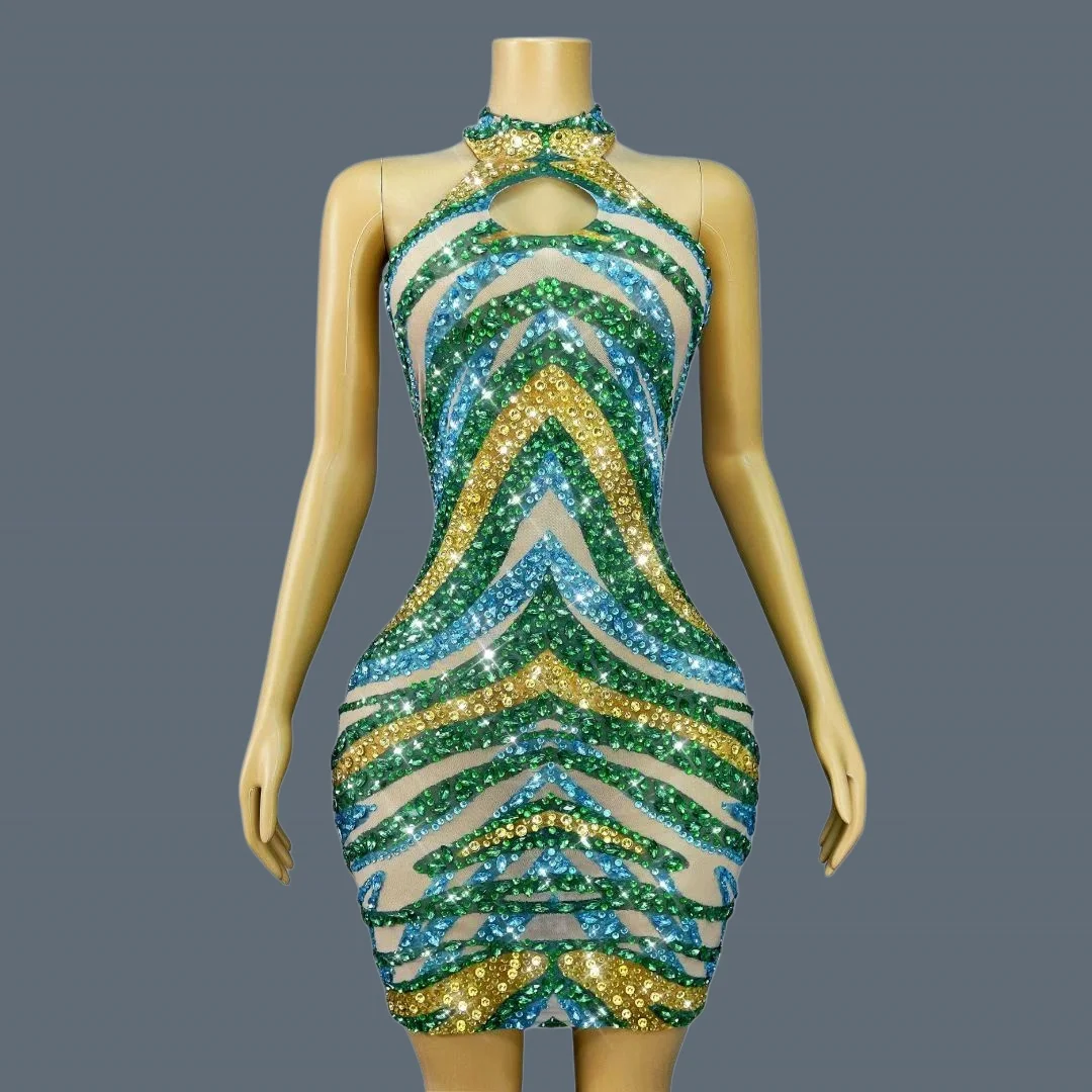 

Sparkly Crystals Transparent Mesh Mini Dress Luxury Birthday Nightclub Outfit Evening Party Stage Performance Costume Jinqiangu