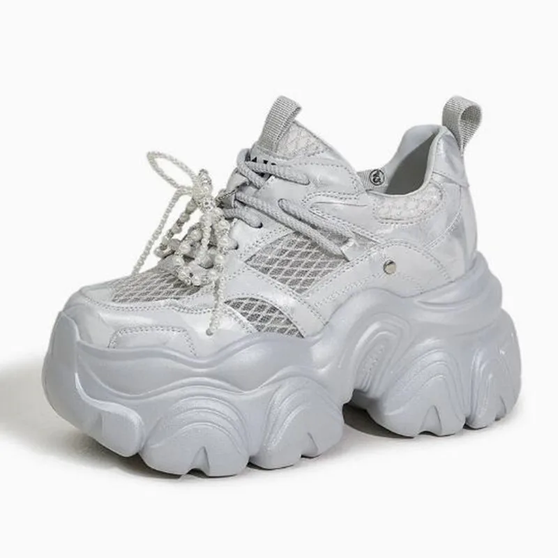 10CM Air Mesh Genuine Leather Chunky Sneakers Fashion Spring Summer Ankle Boots Hook High Brand Comfy Booties Flower Shoes Women