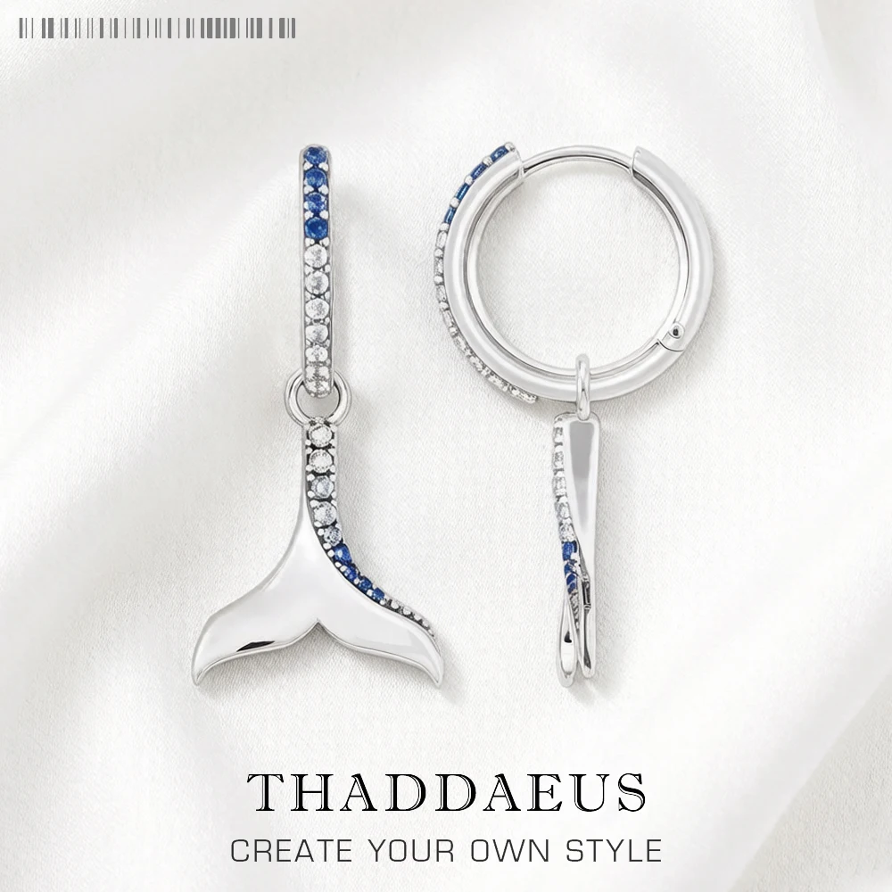 Blaue Schwanzflosse, aufklappbare Creolen, Europa, glamouröser feiner Schmuck für Frauen, Glücksgeschenk aus massivem 925er-Sterlingsilber