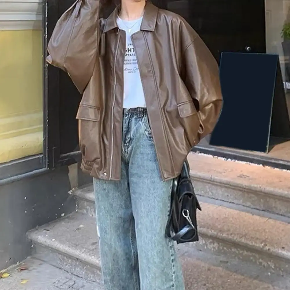 2025 Korean New Fashion Spring Autumn Women's Solid Color Turn-down Collar Long Sleeve Zipper Casual Trendy Loose Leather Coats view 3
