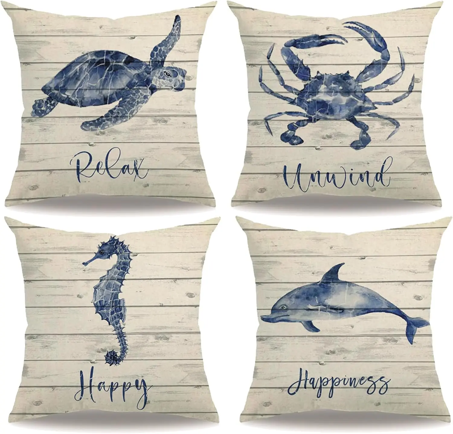 

4Pcs Coastal Throw Pillow Covers with Watercolor Sea Turtle, Crab, Seahorse and Dolphin Print with Relax Quotes Cushion Cases