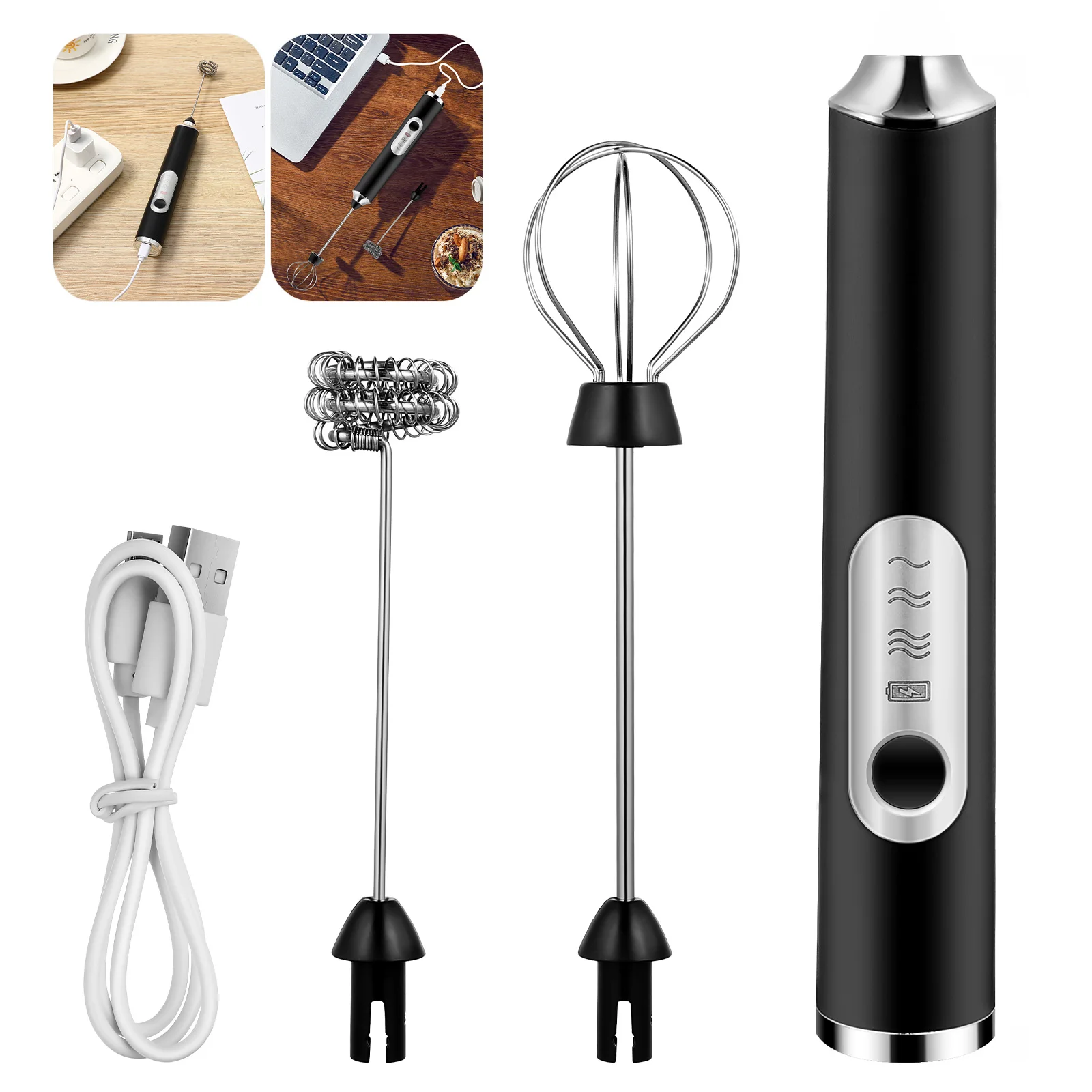 

Electric Milk Frother Handheld 2 Whisks Rechargeable 3-Speed Egg Beater Coffee Mixer Foam Maker Portable Drink Mixer