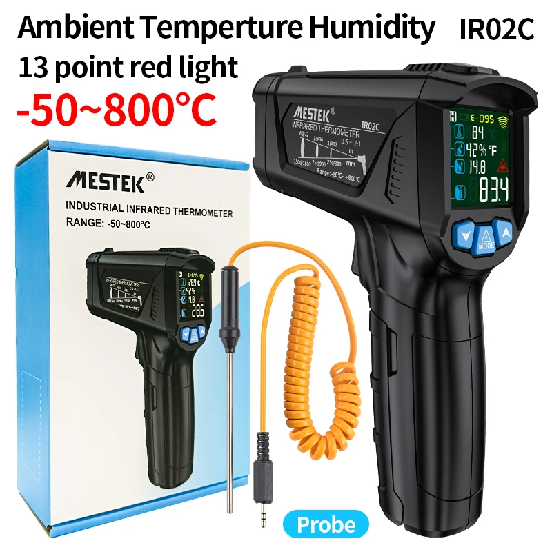 

IR02C Digital Infrared Thermometer -50~800°C Precision LCD Non-contact Ambient Humidity Temperature Meter Probe Dew Point Mildew