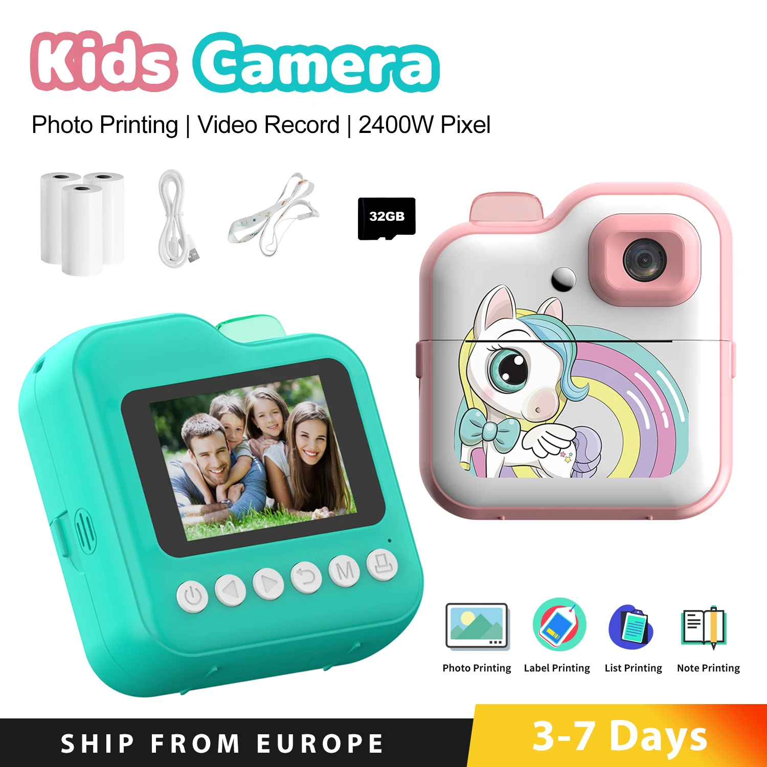 Mini appareil photo numérique pour enfants, impression instantanée, photographie, caméra vidéo, imprimante thermique, carte mémoire 32G, jouets cadeaux