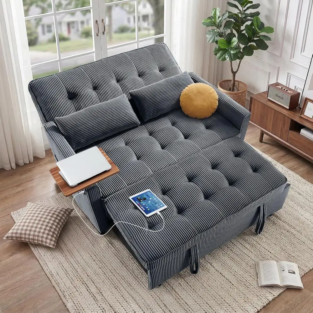 

54 Convertible Couch Bed with Pull Out Sofa, Small Table, USB Port, Side Pockets, Corduroy Fabric, Adjustable Backrest - Gray