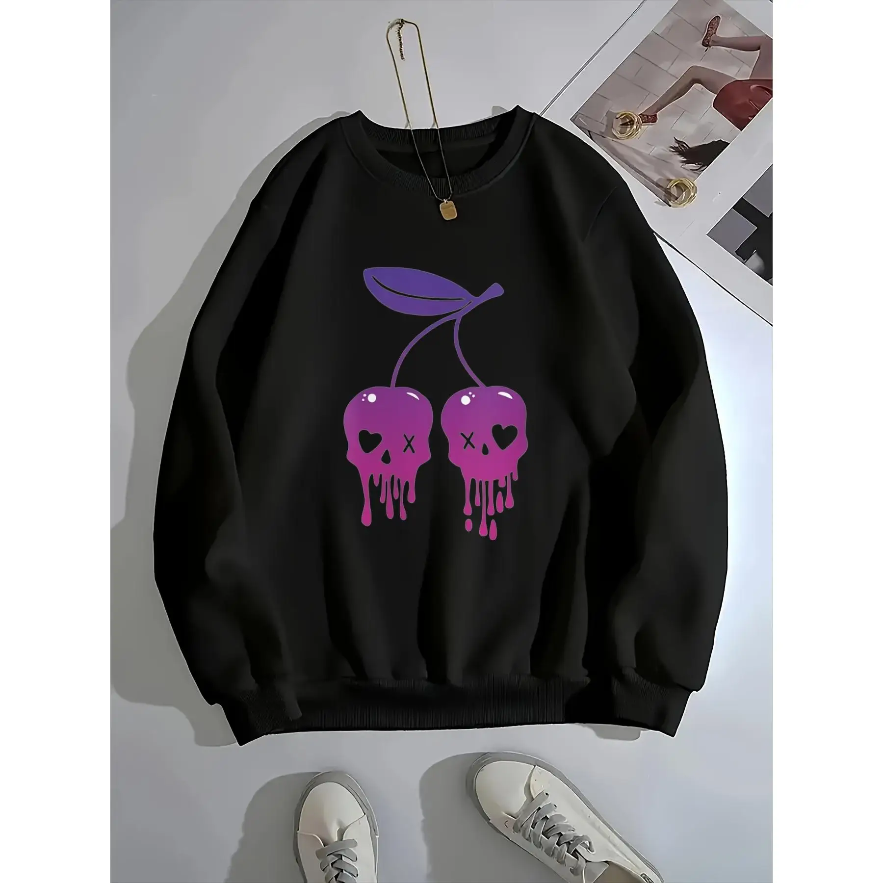 

Unisex Cherry Skull Pullover, Gothic Grunge Grunge Crewneck Sweatshirt, Loose Y2K Alternative Top, Punk Style Halloween Gift